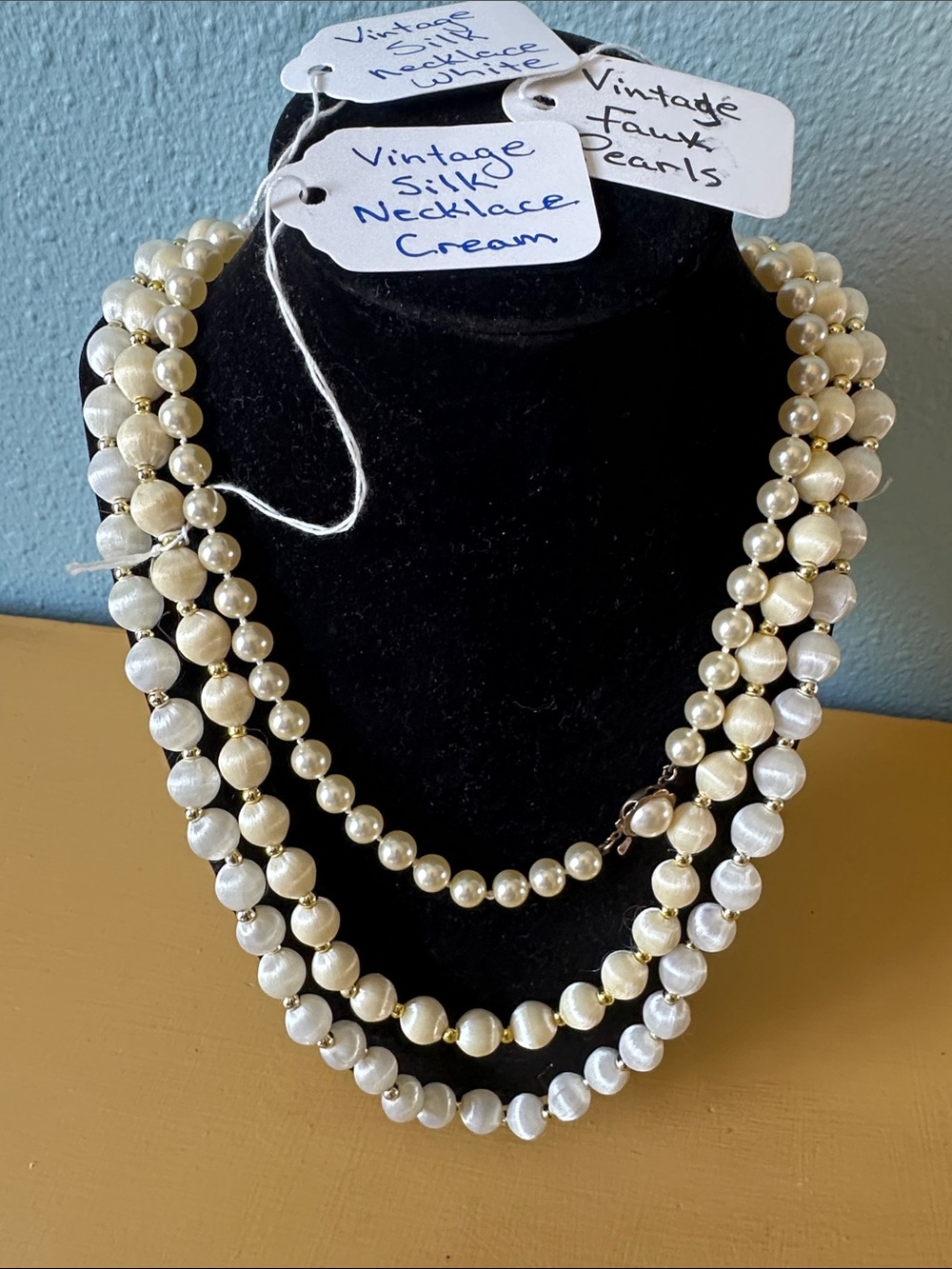 3 Vintage Necklaces - Faux glass Pearl and Vintage silk Cream and White EUC